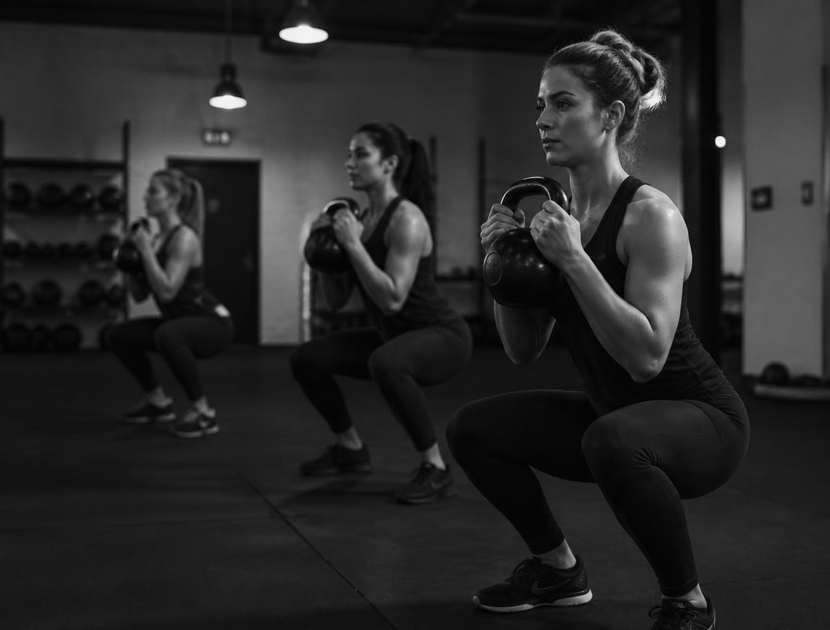 Women training with kettlebells in a group class